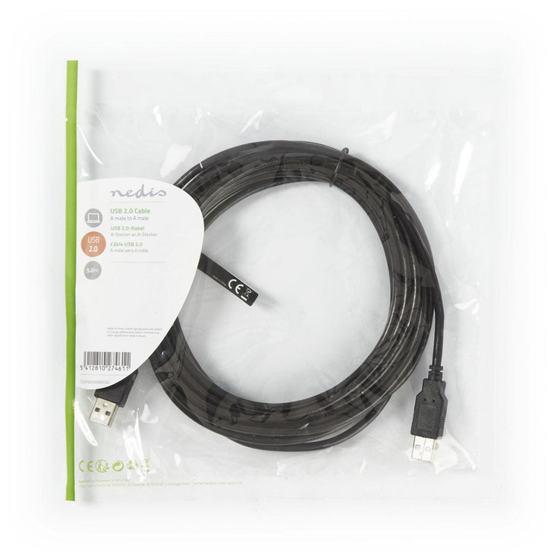 Nedis CCGP60000BK50 Usb-kabel Usb 2.0 Usb-a Male Usb-a Male 480 Mbps Vernikkeld 5.00 M Rond Pvc Zwa