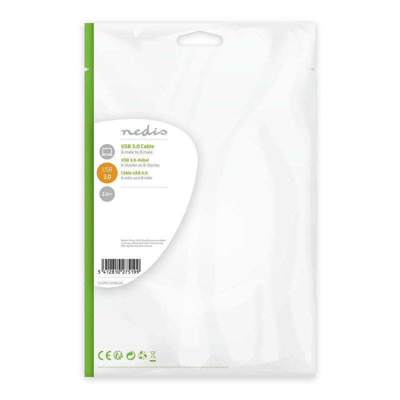 Nedis CCGP61100BU20 Usb-kabel Usb 3.2 Gen 1 Usb-a Male Usb-b Male 5 Gbps Vernikkeld 2.00 M Rond Pvc