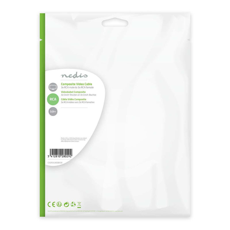 Nedis CVGP24305BK30 Composiet Videokabel 3x Rca Male - 3x Rca Female 3,0 M Zwart