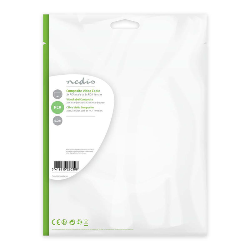 Nedis CVGP24305BK50 Composiet Videokabel 3x Rca Male - 3x Rca Female 5,0 M Zwart