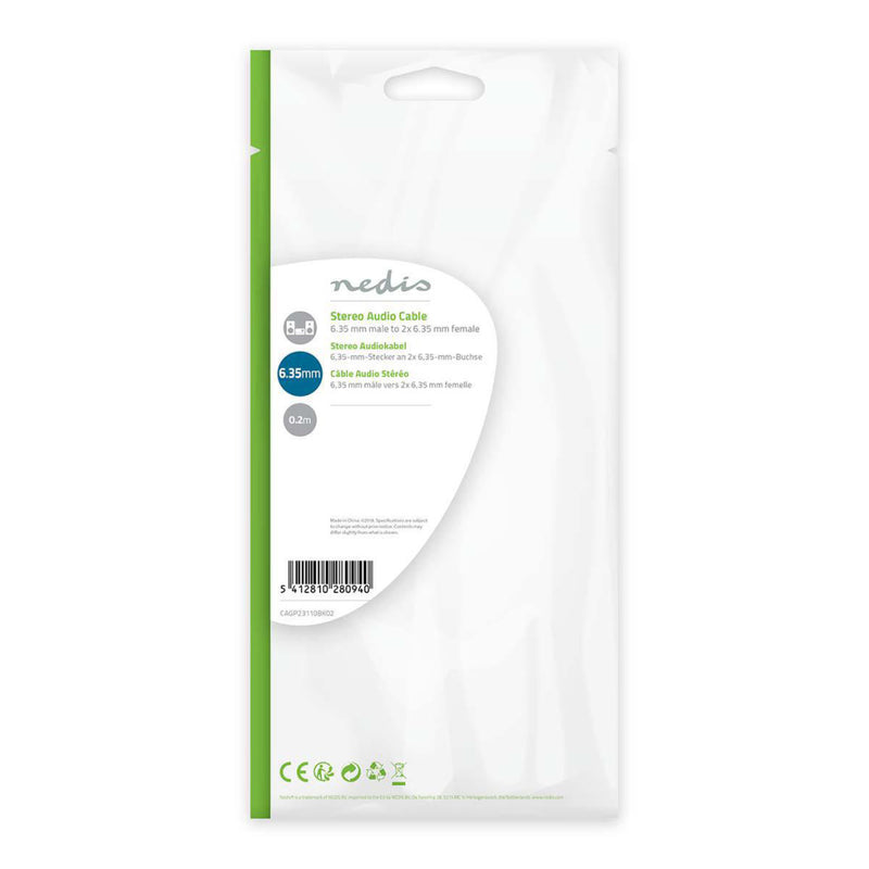 Nedis CAGP23110BK02 Stereo-audiokabel 6,35 Mm Male - 2x 6,35 Mm Female 0,2 M Zwart