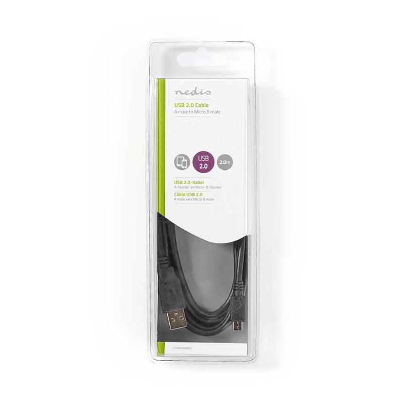 Nedis CCGB60500BK20 Usb-kabel Usb-a Male Usb Micro-b Male Vernikkeld 2.00 M Rond Pvc Zwart Blister