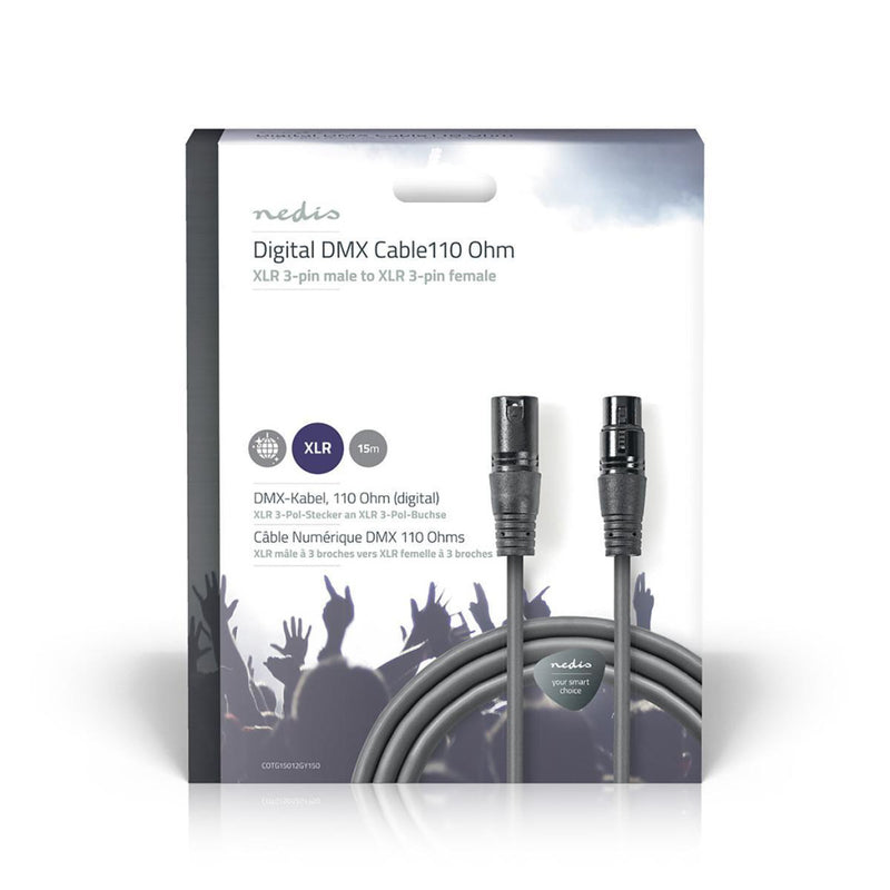 Nedis COTG15012GY150 Digitale Dmx-kabel 110 Ohm Xlr 3-pins Male - Xlr 3-pins Female 15 M Grijs