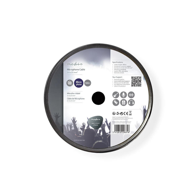 Nedis COTR15010GY100 Microfoonkabel 2x 0.23 Mm&sup2; Koper 100.0 M Rond Pvc Donkergrijs Rol