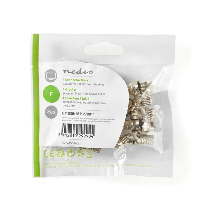 Nedis CSVC41906ME F-connector Mannelijk Voor 5,0mm-coaxkabels 25 Stuks Metaal