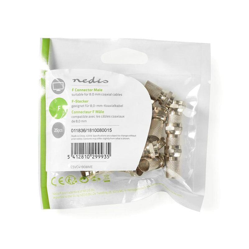 Nedis CSVC41908ME F-connector Mannelijk Voor 7,5mm-coaxkabels 25 Stuks Metaal