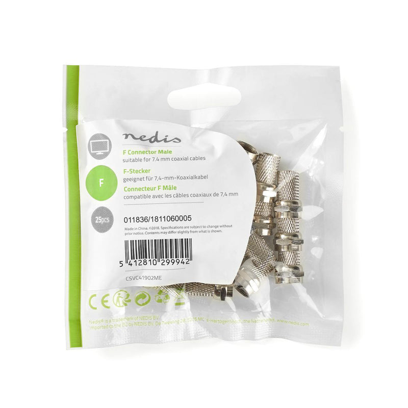 Nedis CSVC41902ME F-connector Mannelijk Voor 7,4mm-coaxkabels 25 Stuks Metaal