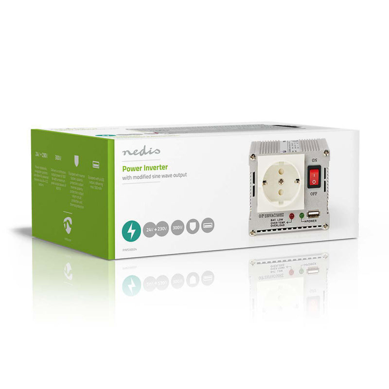 Nedis PIMS30024 Stroomomvormer Gemodificeerde Sinusgolf 24 V Dc - 230 V Ac 300 W 1x Schuko / 1x Usb