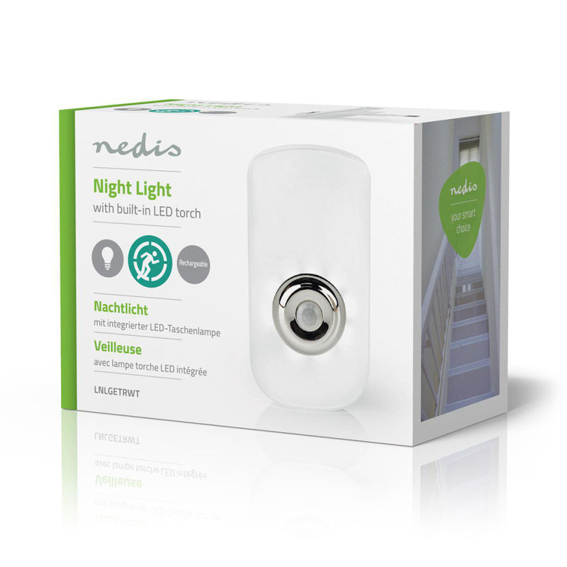 Nedis LNLGETRWT Plug-in Led Nachtlamp Met Stekker En Zaklamp Dag/nachtsensor Bewegingssensor