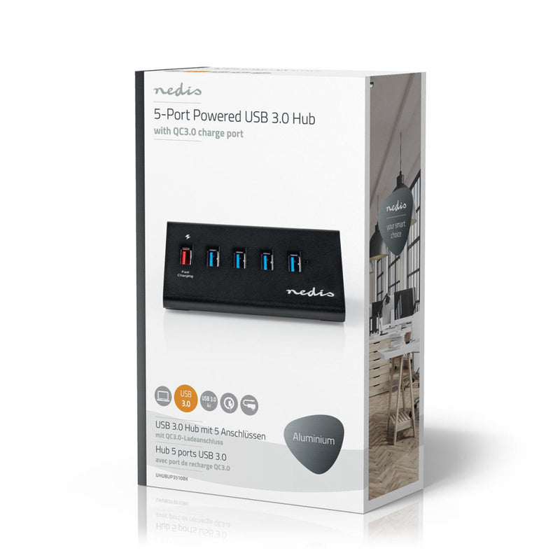 Nedis UHUBUP3510BK Usb-hub 5-poorts Usb 3.0 Met Externe Voeding Qc3.0 Oplaadpoort 5 Gbps Aluminium