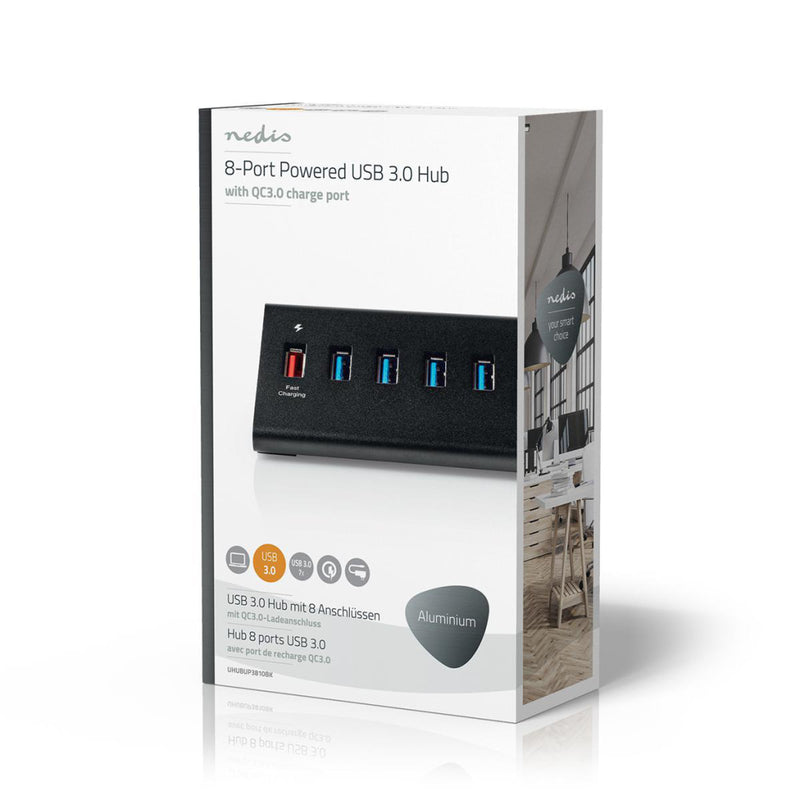 Nedis UHUBUP3810BK Usb-hub 8-poorts Usb 3.0 Met Externe Voeding Qc3.0 Oplaadpoort 5 Gbps