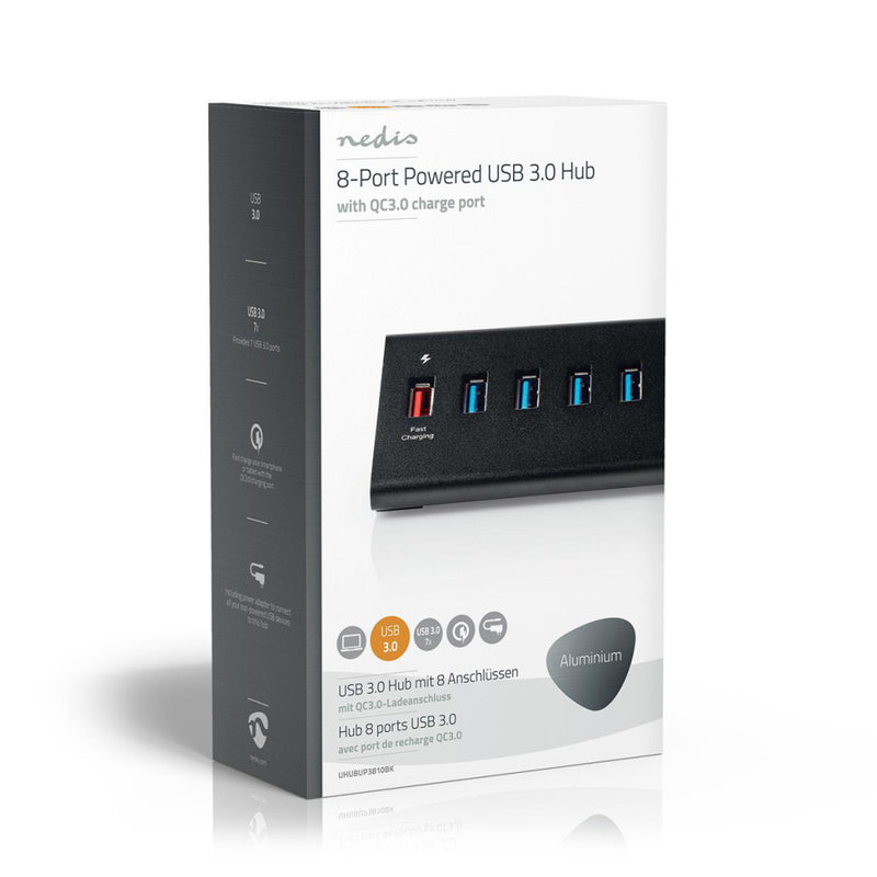 Nedis UHUBUP3810BK Usb-hub 8-poorts Usb 3.0 Met Externe Voeding Qc3.0 Oplaadpoort 5 Gbps
