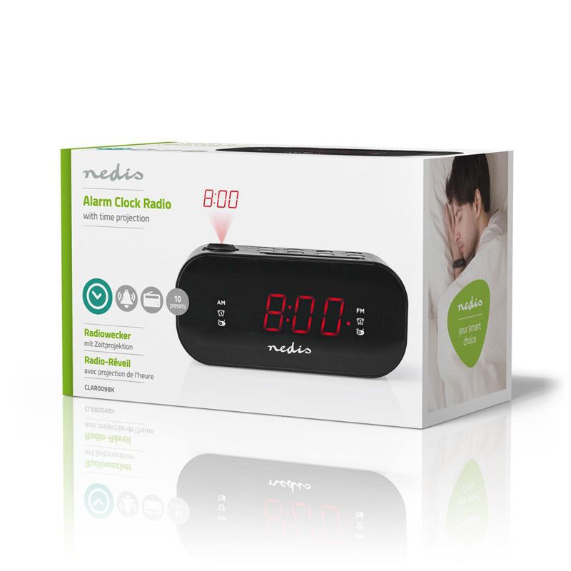 Nedis CLAR009BK Digitale Projectie Klokradio Met Alarm 0,9" Led Fm Dubbel Alarm Sluimerknop