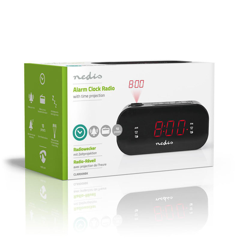 Nedis CLAR009BK Digitale Projectie Klokradio Met Alarm 0,9" Led Fm Dubbel Alarm Sluimerknop