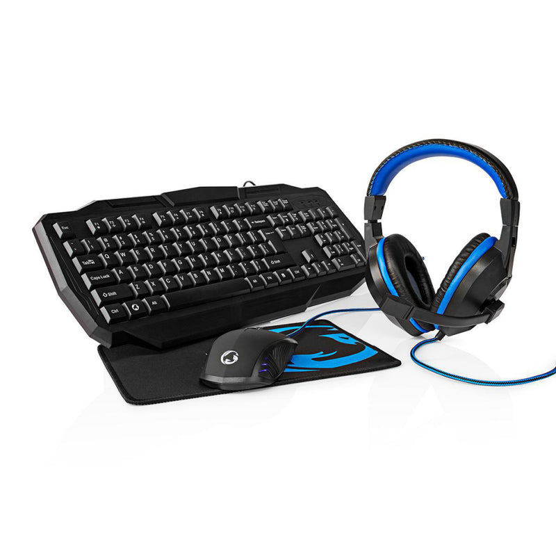 Nedis GCK41100BKUS Gaming Combo Kit 4 In 1 Toetsenbord, Koptelefoon, Muis, Muismat