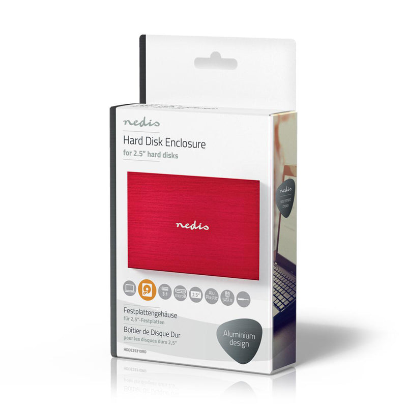 Nedis HDDE25310RD Hardeschijf Behuizing 2.5&quot; Usb 3.1 6 Gbps Aluminium Rood