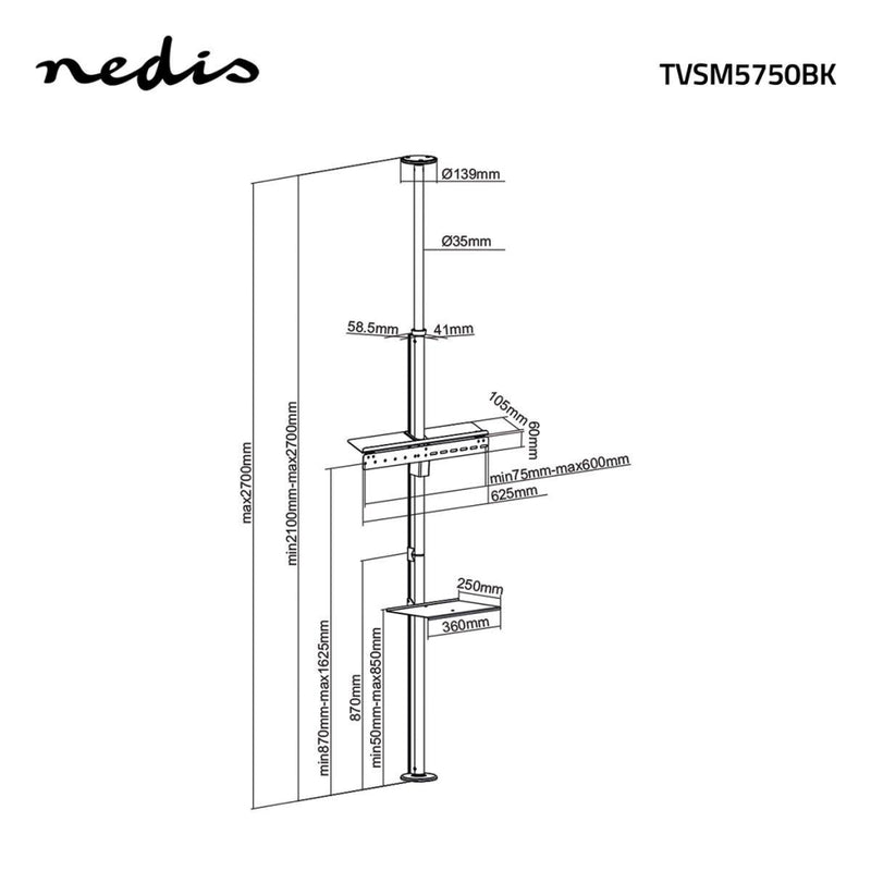 Nedis TVSM5750BK Tv Mount Floor-to-ceiling 37 - 70&quot; Max. 30 Kg 180&deg; Swivel Range Max. Heig