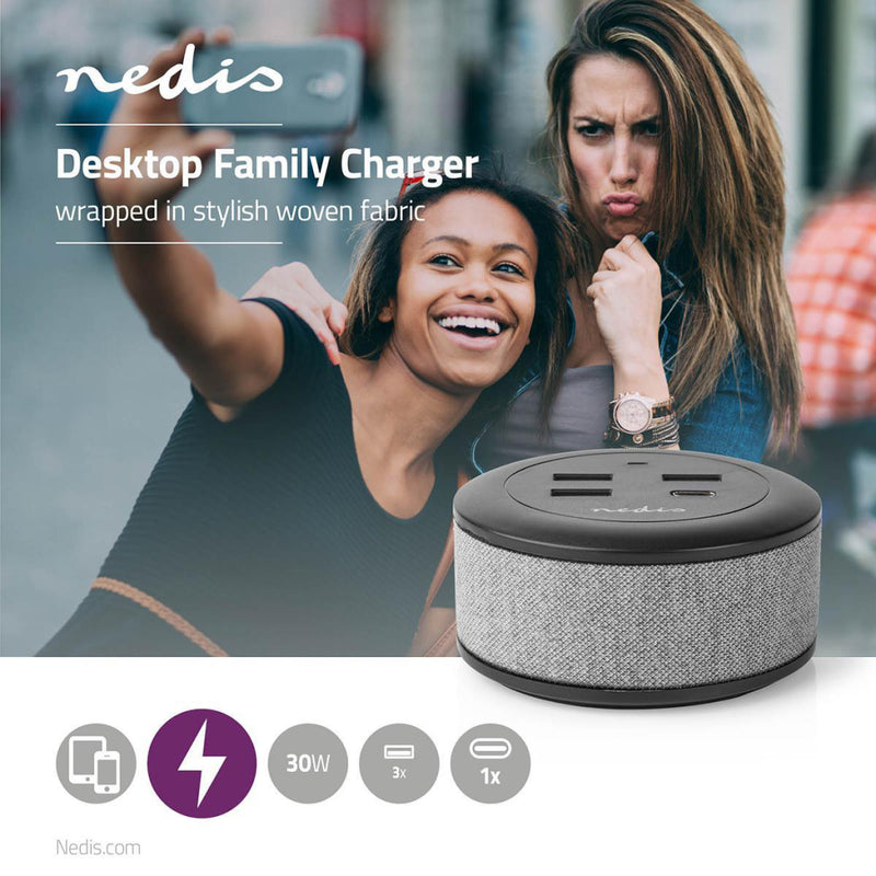 Nedis FSCSPD100GY Stoffen Tafellader Voor Het Hele Gezin 3x Usb 2.1 A (max.) 1x Usb C&trade; 30 W P