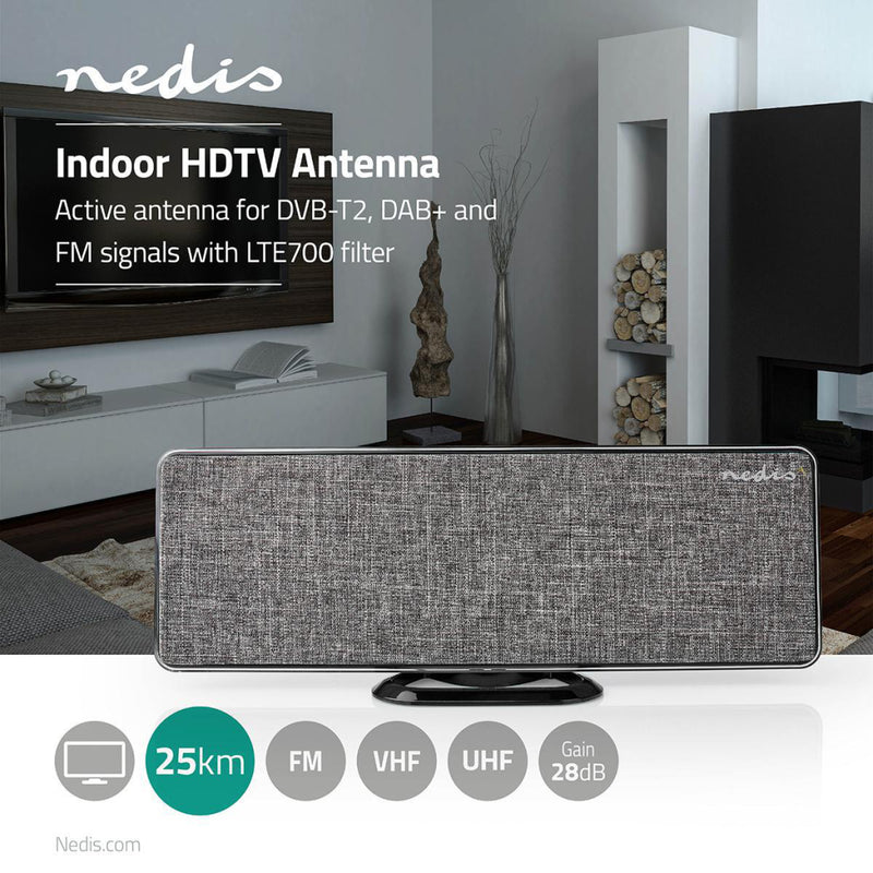Nedis ANIR2513GY700 Hdtv-antenne Voor Binnen 0 - 25 Km Versterking 28 Db Fm / Vhf / Uhf Grijs