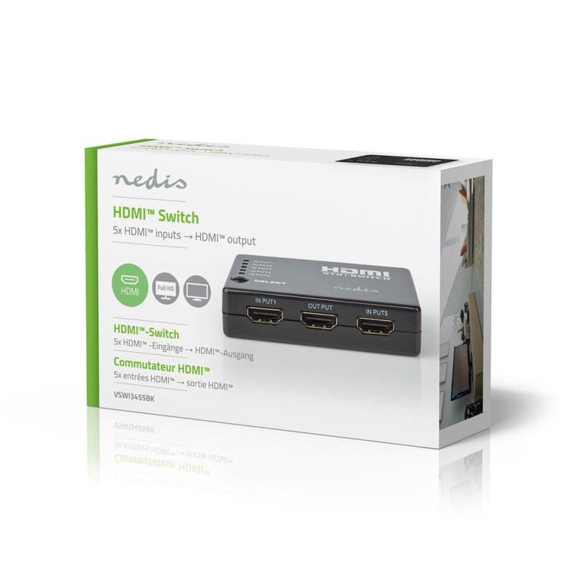 Nedis VSWI3455BK Hdmi-schakelaar 5 Poorten 5x Hdmi-ingang 1x Hdmi-uitgang 1080p Abs Antraciet Doos