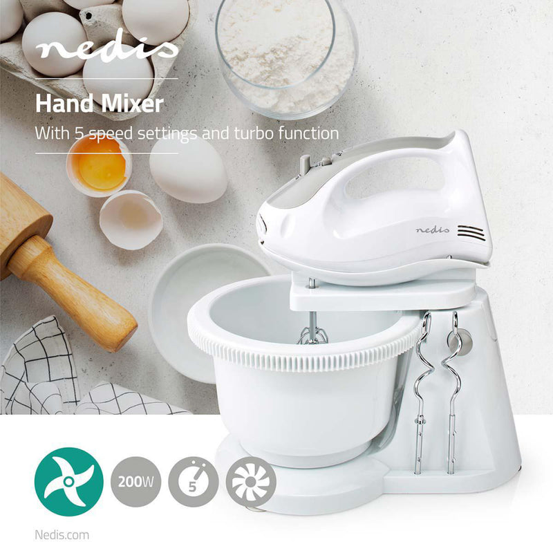 Nedis KAHM110CWT Handmixer 200 W 5-snelheden Turbo-functie Draaikom / 2 Deeghaken / 2 Kloppers Grij