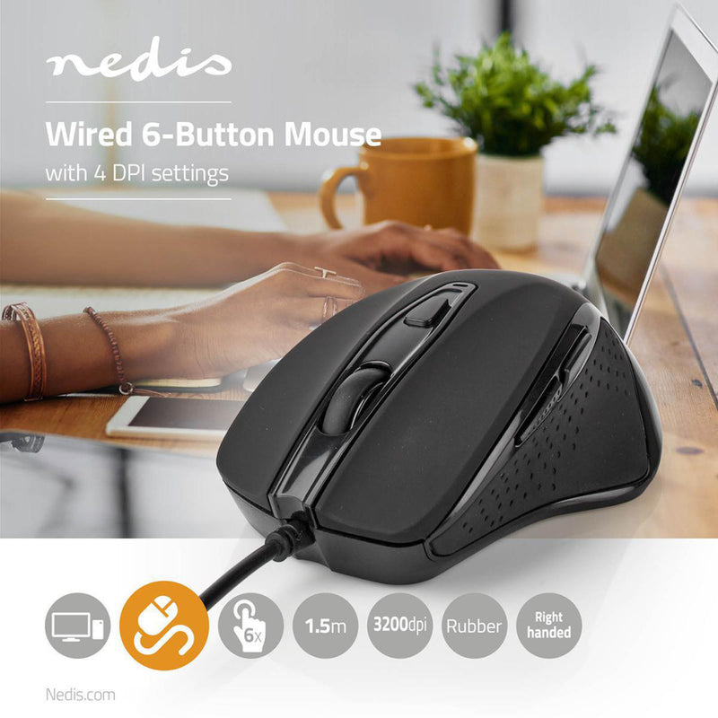 Nedis MSWD400BK Bekabelde Muis 800 / 1200 / 2400 / 3200 Dpi 6 Knoppen Zwart