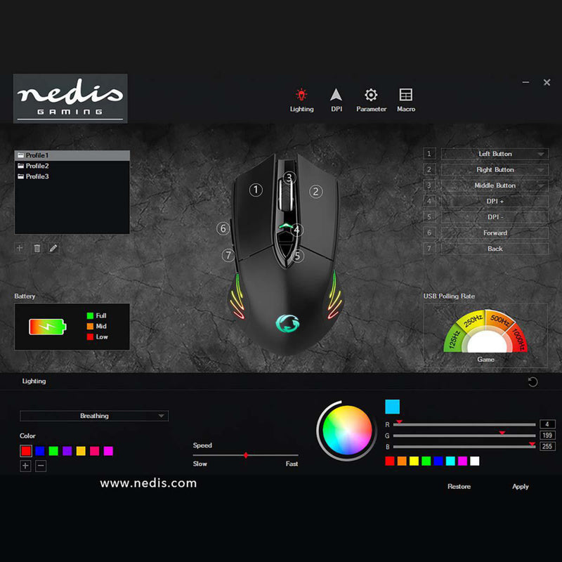 Nedis GMWS200BK Gaming Muis Wired &amp; Wireless Dpi: 500 / 1000 / 2000 / 3000 / 5000 / 10000 Dpi J