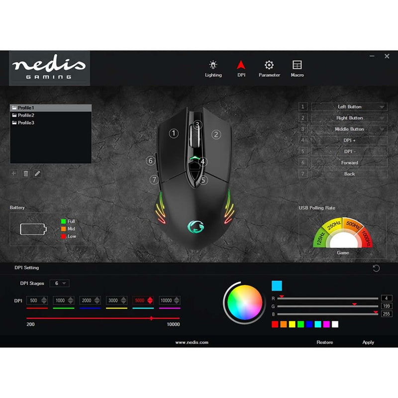 Nedis GMWS200BK Gaming Muis Wired &amp; Wireless Dpi: 500 / 1000 / 2000 / 3000 / 5000 / 10000 Dpi J