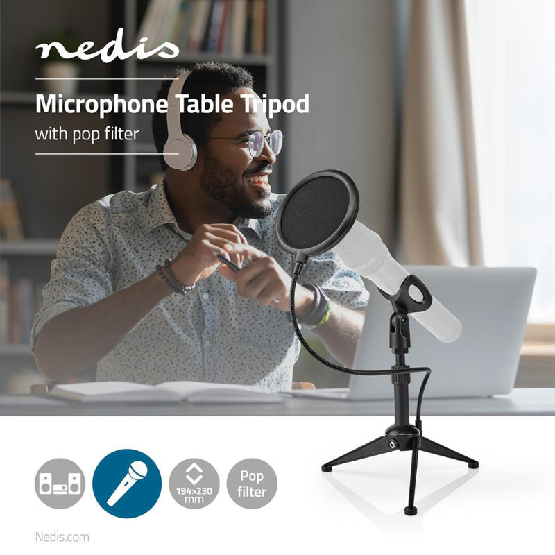 Nedis MPST01BK Microfoon-tafelstatief Verstelbare Hoogte Pop-filter 2 Houders Meegeleverd Zwart