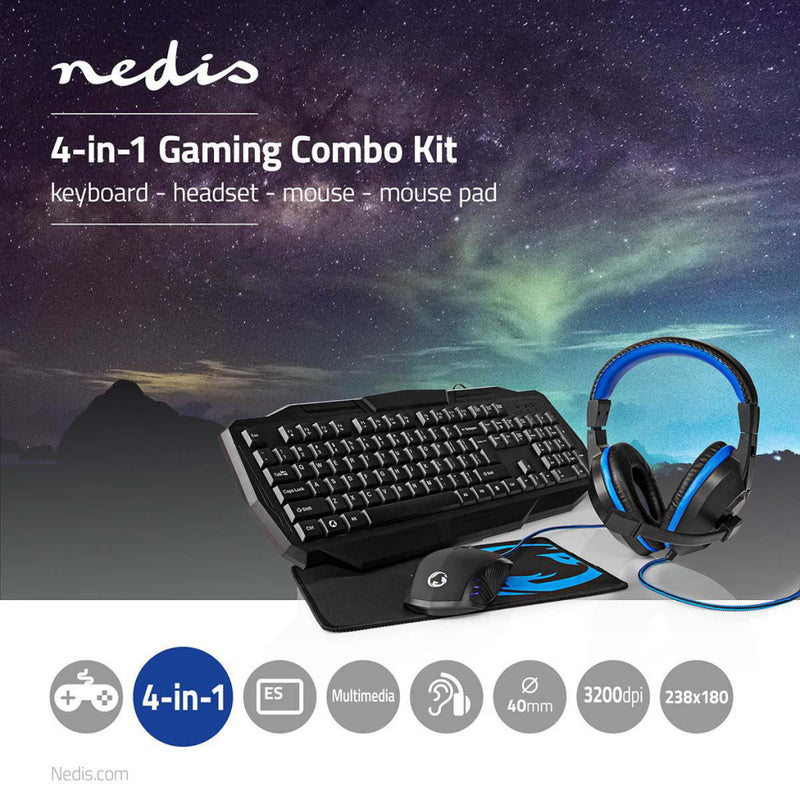Nedis GCK41100BKES Gaming Combo Kit 4-in-1 Toetsenbord, Koptelefoon, Muis En Muismat Blauw / Zwart