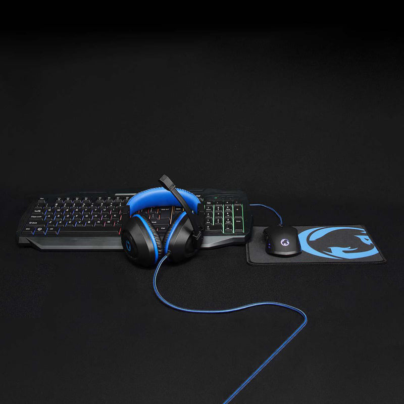 Nedis GCK41100BKES Gaming Combo Kit 4-in-1 Toetsenbord, Koptelefoon, Muis En Muismat Blauw / Zwart