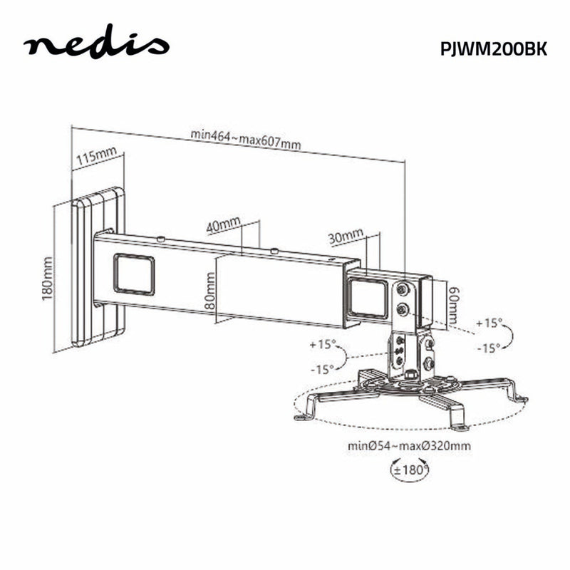 Nedis PJWM200BK Projectorbeugel Full Motion 15 Kg Draaibaar Kantelbaar Staal Zwart