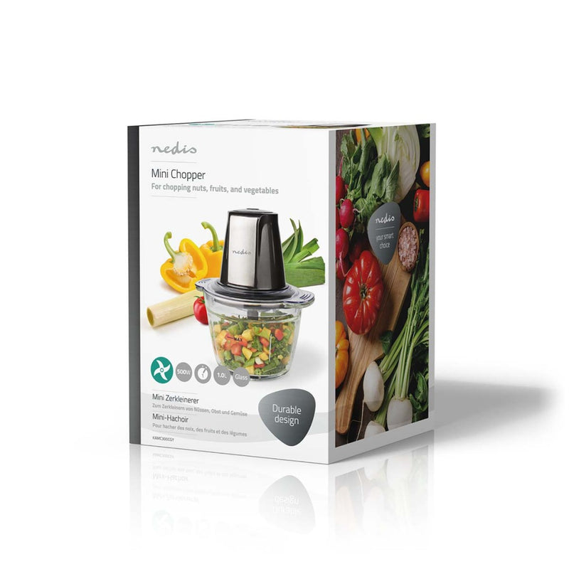 Nedis KAMC300CGY Hakmolen 500W 1000ml Glas 1-snelheid Zilver/Zwart