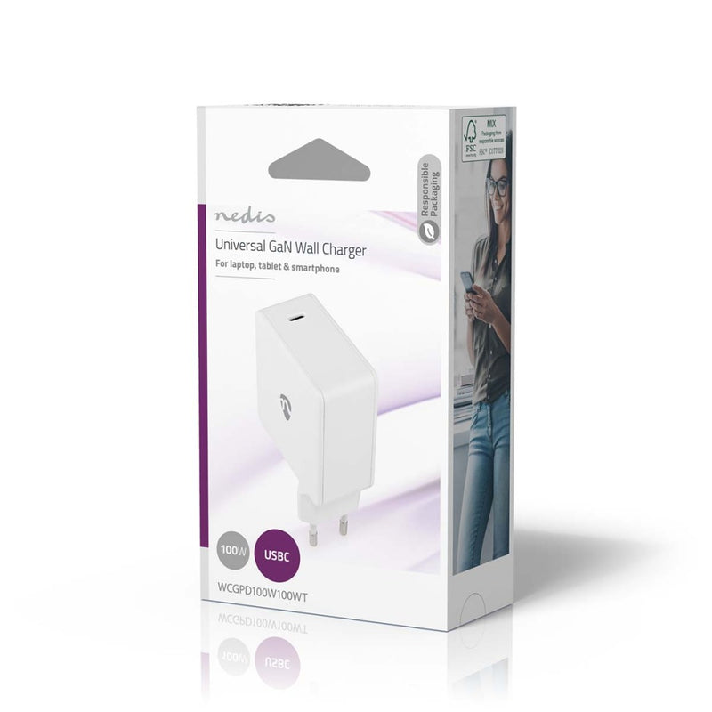 Nedis WCGPD100W100WT Oplader Gan 3.0 / 5.0 A Outputs: 1 Usb-c&trade; Maximaal Uitgangsvermogen: 100