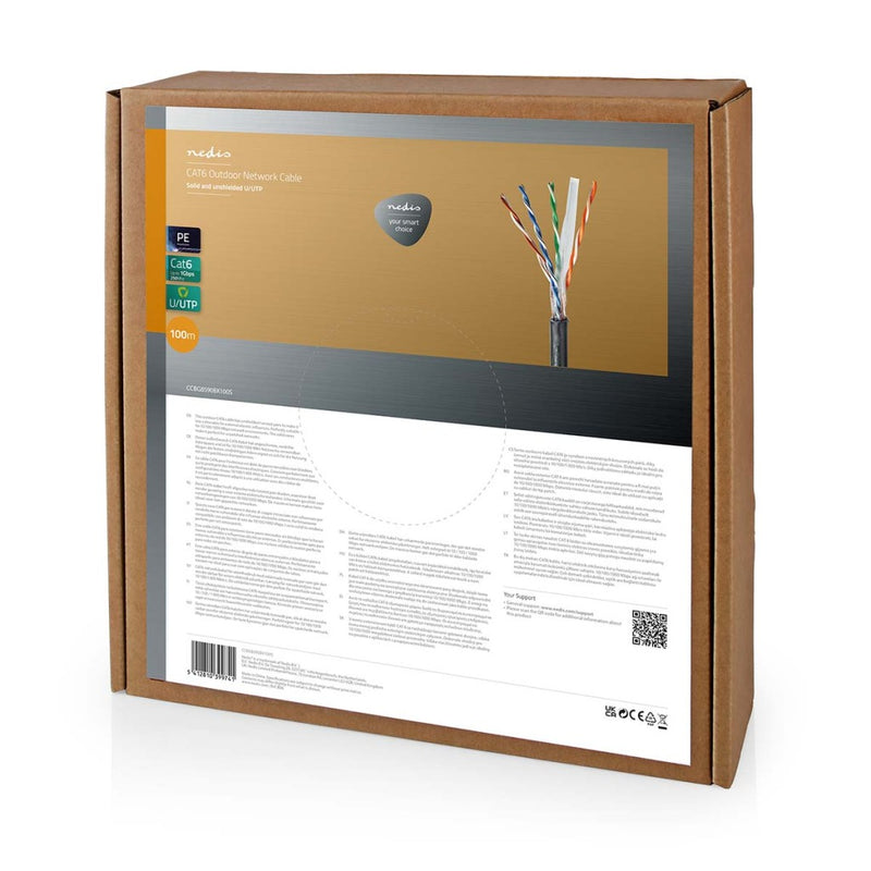 Nedis CCBG8590BK100S Netwerk Kabel Rol Cat6 Solid U/utp Cca 100.0 M Buitenshuis Rond Pe Zwart Gift