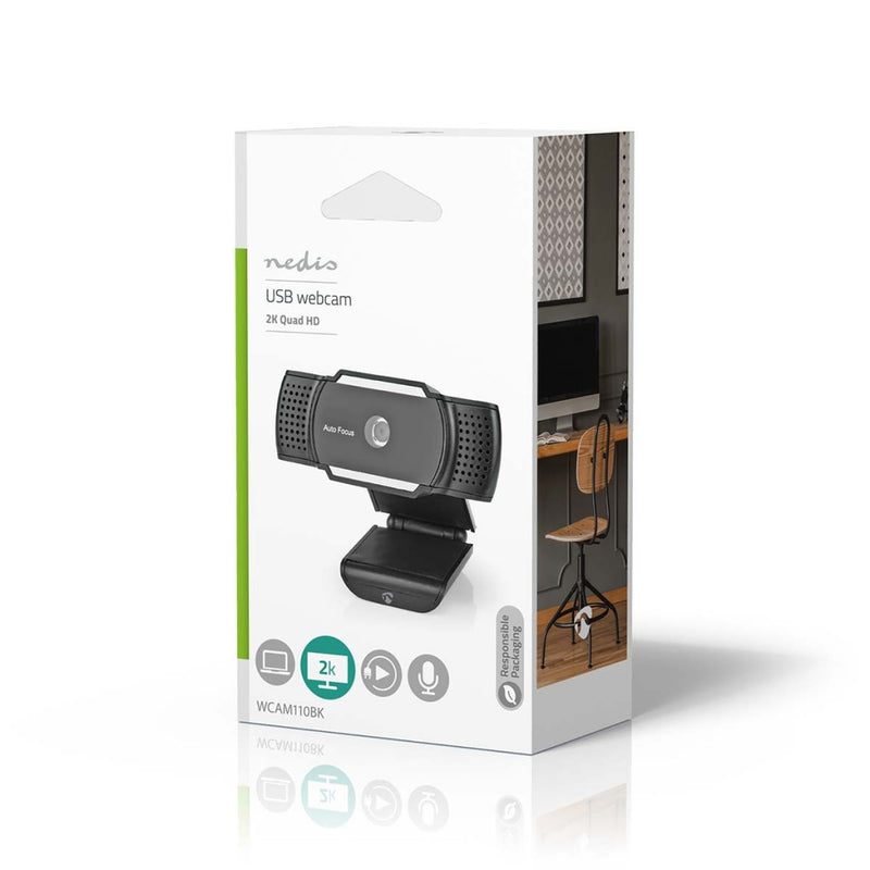 Nedis WCAM110BK Webcam 2k@30fps Automatische Scherpstelling Ingebouwde Microfoon Zwart