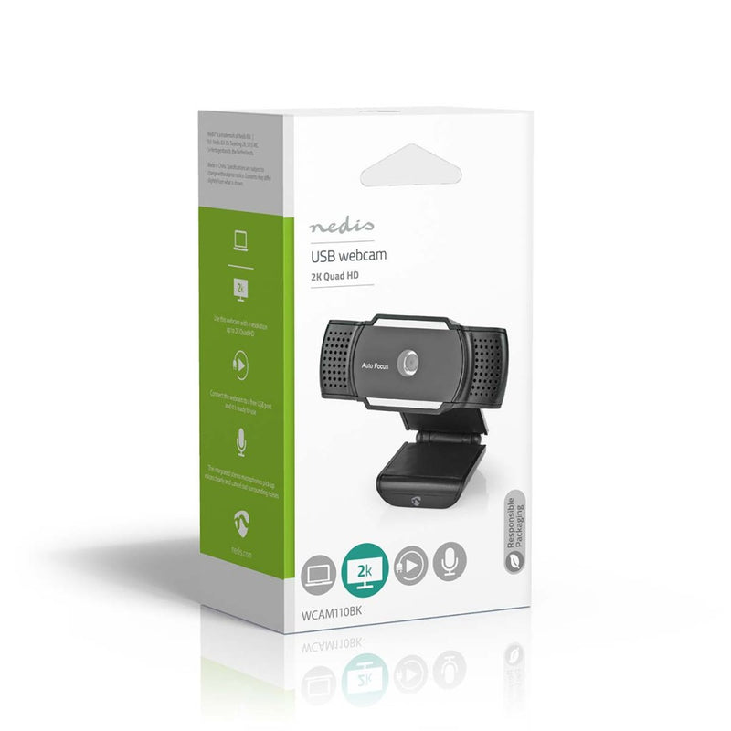 Nedis WCAM110BK Webcam 2k@30fps Automatische Scherpstelling Ingebouwde Microfoon Zwart