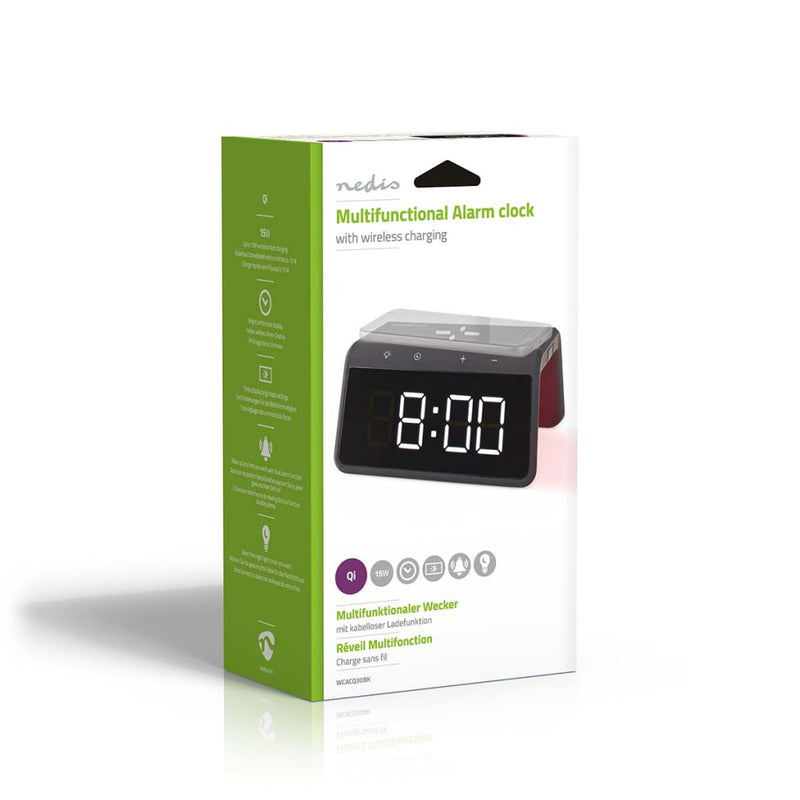 Nedis WCACQ30BK Wekker Met Draadloze Lader Qi Gecertificeerd 5 / 7.5 / 10 / 15 W Usb-a Male Nachtla