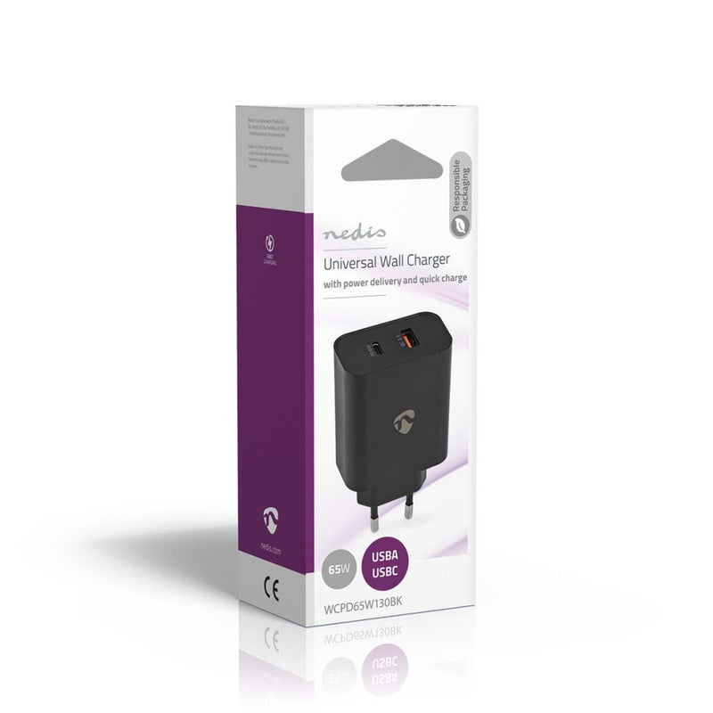 Nedis WCPD65W130BK Oplader Snellaad Functie 2.0 / 2.25 / 3.25 A Outputs: 2 Usb-a / Usb-c&trade; 65