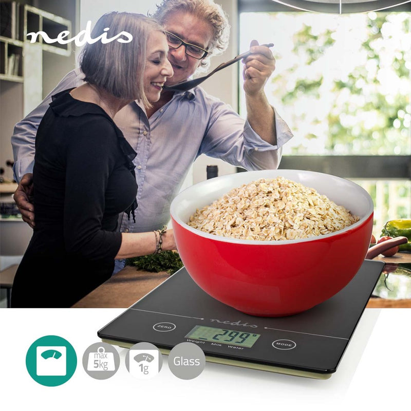 Nedis KASC620BK Keukenweegschaal Digitaal Glas / Kunststof Cr 2032 Batterij Zwart