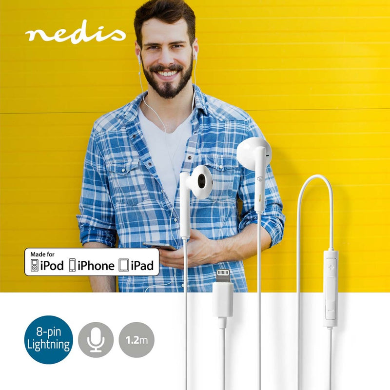 Nedis HPWD2080WT Bedrade Koptelefoon Lightning Kabellengte: 1.20 M Ingebouwde Microfoon Volumebedie