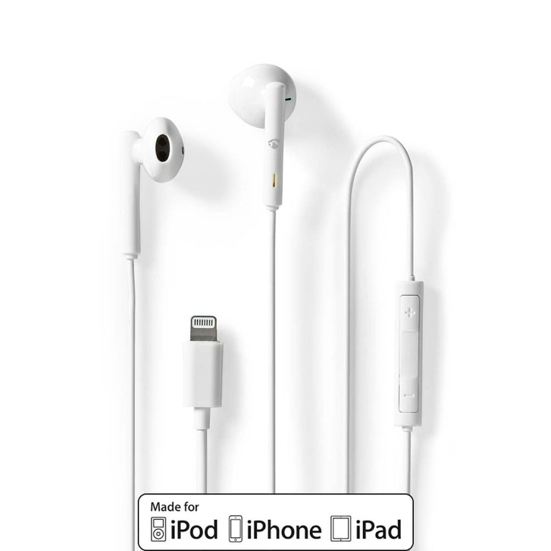 Nedis HPWD2080WT Bedrade Koptelefoon Lightning Kabellengte: 1.20 M Ingebouwde Microfoon Volumebedie
