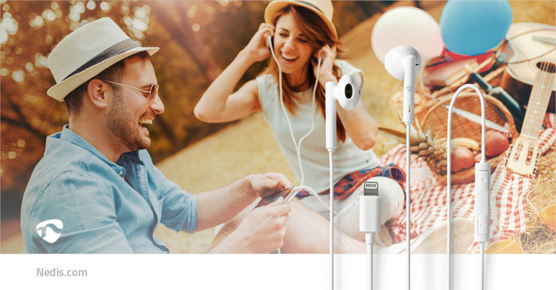 Nedis HPWD2080WT Bedrade Koptelefoon Lightning Kabellengte: 1.20 M Ingebouwde Microfoon Volumebedie