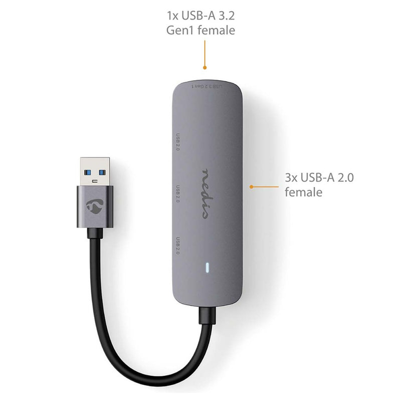 Nedis CCGB61210GY01 Usb-hub Usb-a Male 4x Usb A Female 4-poorts Poort(en) Usb 2.0 / Usb 3.2 Gen 1 U