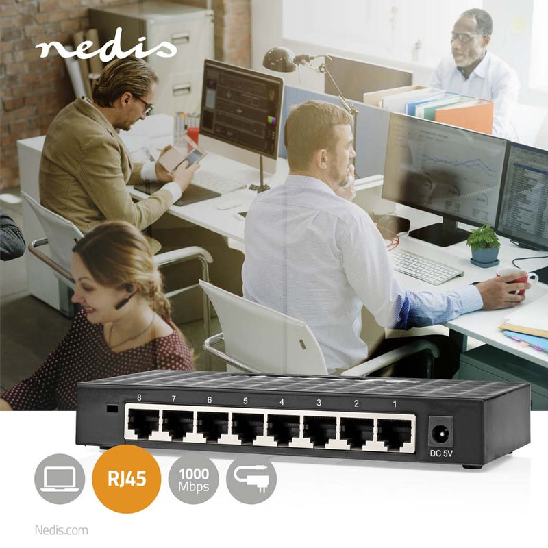 Nedis NSWH8P110BK Netwerk-switch Bekabelde Snelheid: Gigabit Aantal Ethernetpoorten: 8