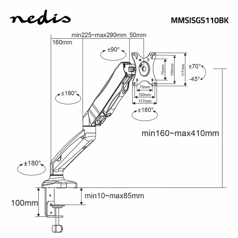 Nedis MMSISGS110BK Monitorbeugel Voor Bureaus Gasveer 1 Scherm(en) 15 - 32 &quot; 75x75 / 100x100 D