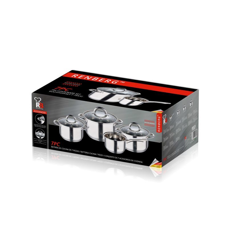 Renberg Alexander Pannenset RVS - Inductie - 7 delig - 4  Kookpannen Ø 16 - 18 - 20 - 24 cm + 3 Dek