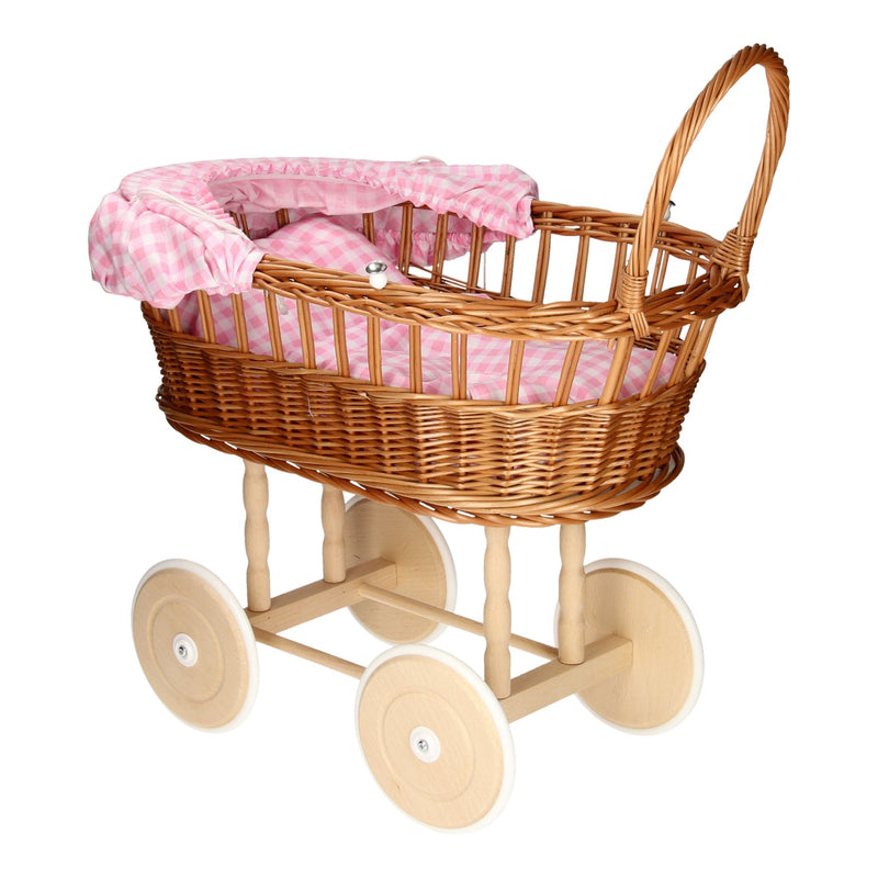 Poppenwagen met Kussentjes - Geruit Roze