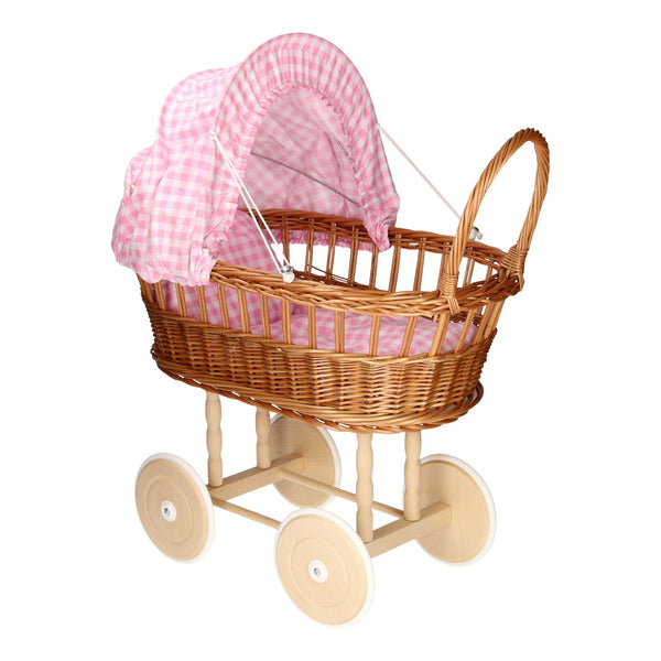 Poppenwagen met Kussentjes - Geruit Roze