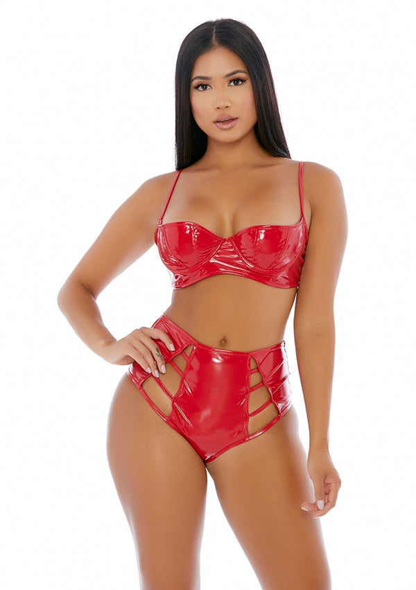 Strings Attached Vinyl Lingerie Set - Red - S